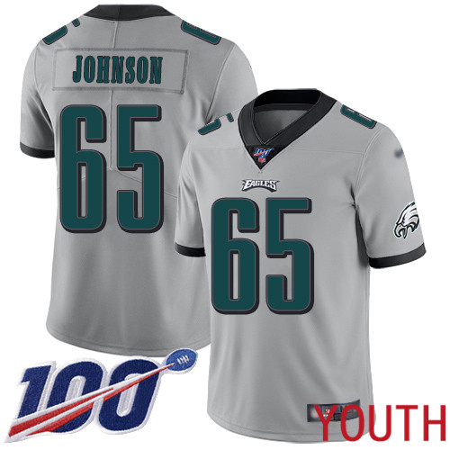 Youth Philadelphia Eagles #65 Lane Johnson Limited Silver Inverted Legend NFL Jersey 100th Season Football->youth nfl jersey->Youth Jersey